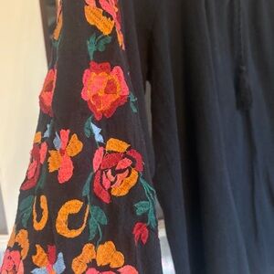 World Market Black Peasant style Top with gorgeous sleeve embroidery sz l/xl